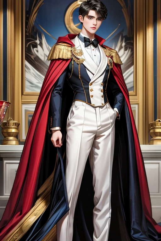 masterpiece, 最high quality, high quality, 1 boy, alone, Male focus, Watching the audience, Messy black hair, Adorable big blue eyes, White, Noble, Noble,A sexy, voluminous, puffy cape、tuxedo、A very voluminous, large, very large, very large, long, long red and black cape with a high stand-up collar, made of a lot of fabric that reaches down to the floor., 17 years old,Cute beautiful boys,Cute, cute, kind, handsome guy