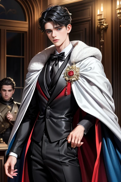 
masterpiece, 最high quality, high quality, 1 boy, alone, Male focus, Watching the audience,  Messy black hair, Adorable big blue eyes, White, Noble, Noble,A sexy, voluminous, puffy cape、tuxedo、A very voluminous, large, very large, very large, long, long red and black cape with a high stand-up collar, made of a lot of fabric that reaches down to the floor., 17 years old,Cute beautiful boys,Cute, cute, kind, handsome guy