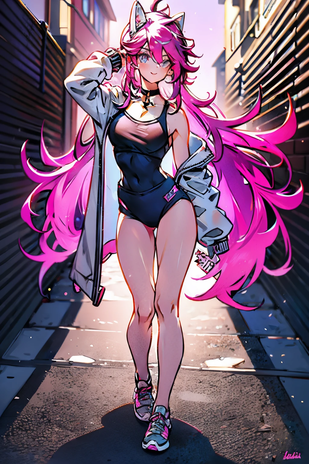 (masterpiece, best quality, 1girl, solo, intricate details, chromatic aberration), realistic, ((medium breath)),long hair, pink hair, red head ornament, pink highlights, hair over one eye,purple eyes, earrings, sharp eyes, choker, neon shirt, open jacket, crop top, (symmetry eyes),(perfect symmetrical body),against wall, brick wall, graffiti, dim lighting, alley ,look at viewer, woman at a gym, cute, front Pose, fitness girl, standing, erect Pose, symetrical, fitness model, skinny, Red sneakers, best qualityer, relaxed arms, hands down, ankle, fullbody view, stand straight with your back upright. Keep your shoulders back and maintain a straight line from your head to your feet. Full body overview, feets close, symmetrical front, head straight to the viewer