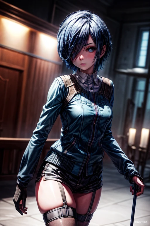 1girl, Kirishima touka, Blue hair, blue eyes, cute face, detailed face, beautiful face, adult, 4k quality, 4k skin, detailed eyes