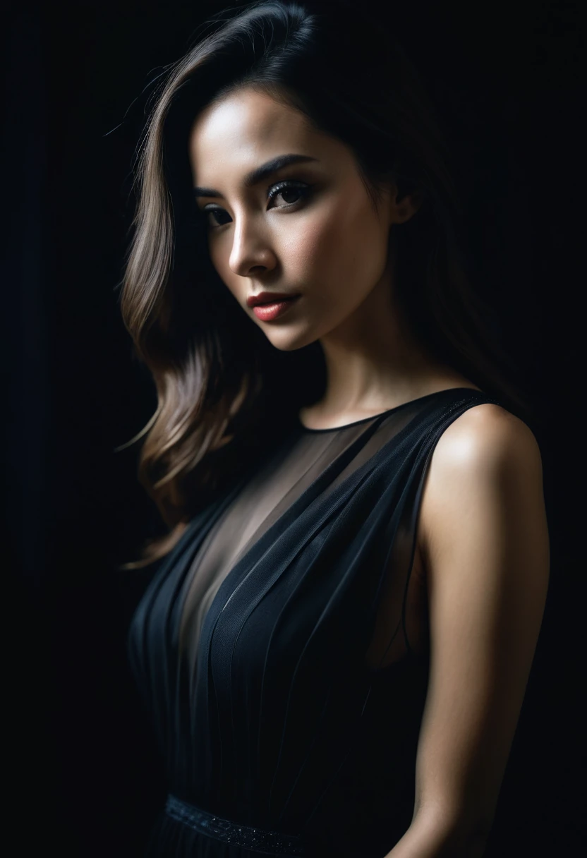 dark shot, film grain, A close up of a woman in a beautiful black dress and a black background, ultra clear