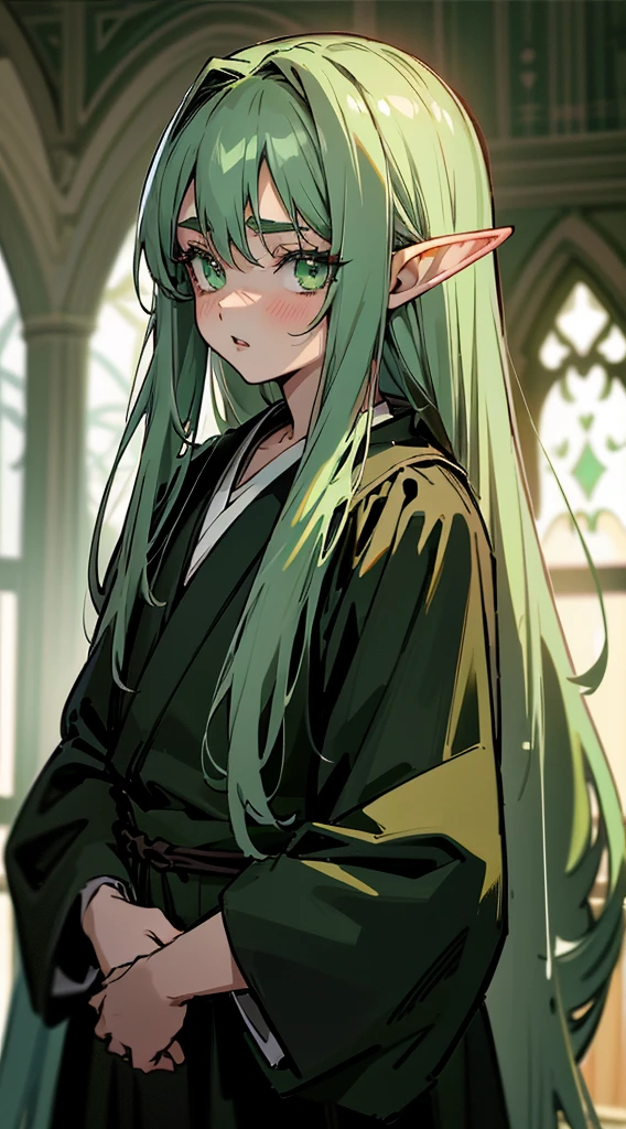 A cute 18 year old boy with fair skin, large eyelashed eyes, green eyes, long green hair, and elf ears, small plump lips, delicate and adorable appearance, black robe, looking at the camera