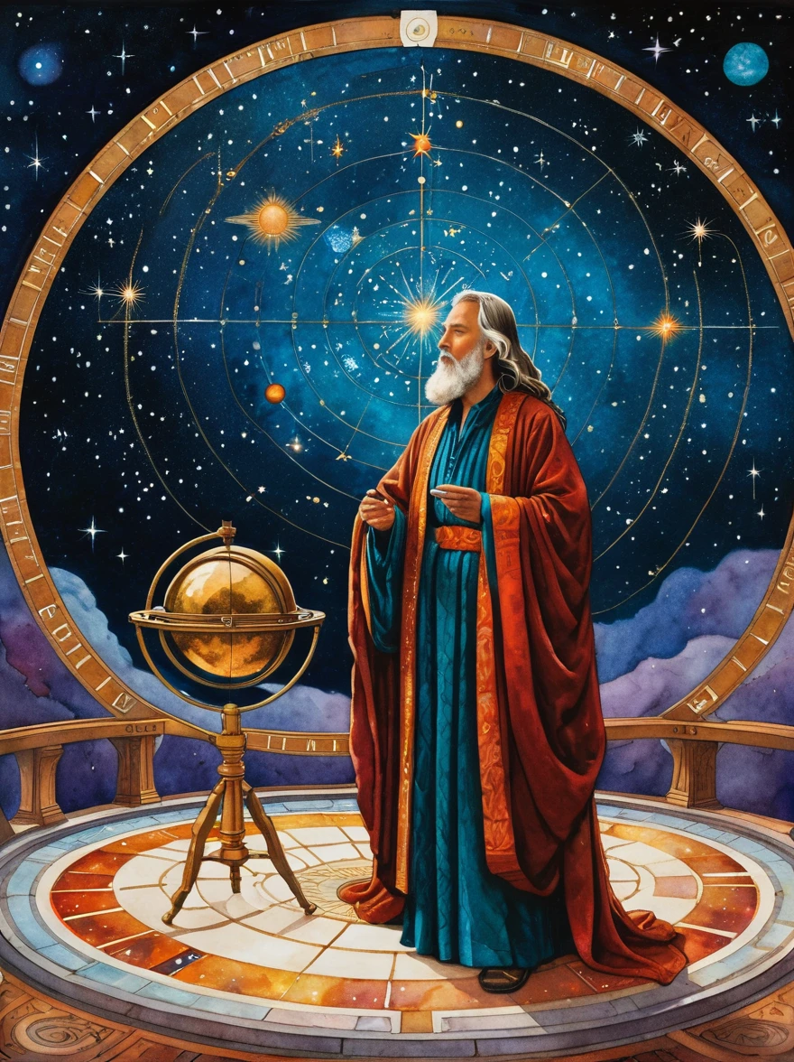 At the center of a celestial observatory, an astrologer clad in robes adorned with stars and galaxies gazes into an aetheric telescope. The observatory is suspended in space, with planets and constellations visible through its transparent walls. As the astrologer maps the heavens, streams of aetheric energy flow from the stars, connecting with the runes and symbols inscribed on the floor. The scene embodies the infinite wisdom of the cosmos. , the scene is captured in dimly lit dark fantasy but vibrant colors, with bold ink lines defining form against the watercolor wash of the aged paper