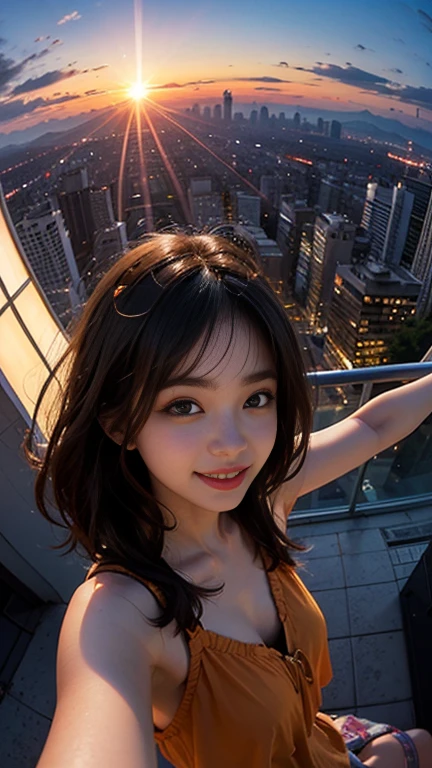 One girl, Korean, Fisheye Lens, Selfie, Wind, Messy Hair, sunset, Cityscape, (Aesthetics and atmosphere:1.2),smile