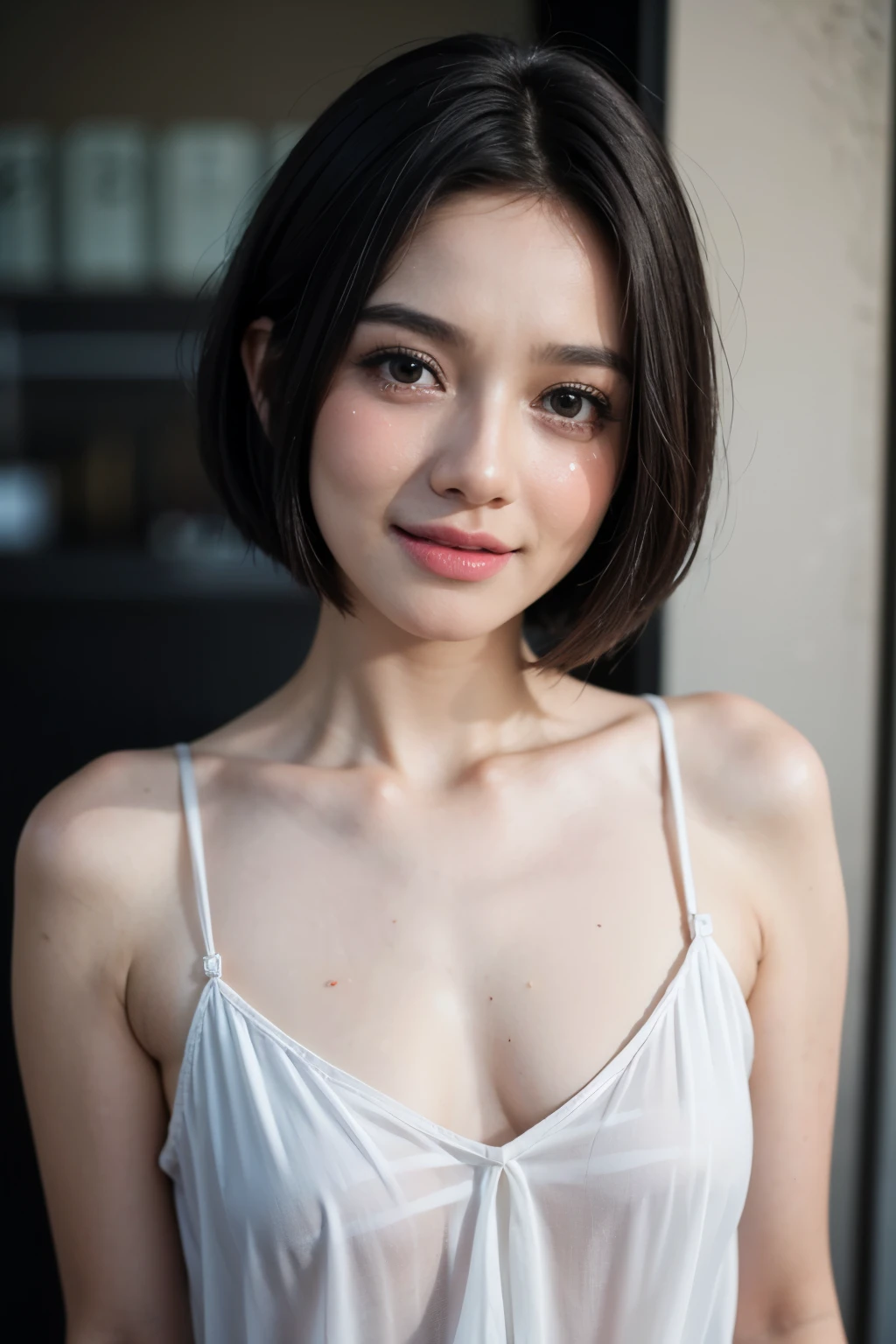 (CRYING FACE EXPRESSION:1.3), Chubby adorable, (V-neck ice silk nightdress), 1 girl, (face to face), , baby face, happy, half body portrait, (face details: 1), (eye details: 1), ((flat breasts)). wearing transparent transparency soft soft, .. Cute posed. proportional body. Ultra High Res. realistic: 1.4, UHD, (leopard pattern), ((Very Short Haircut))