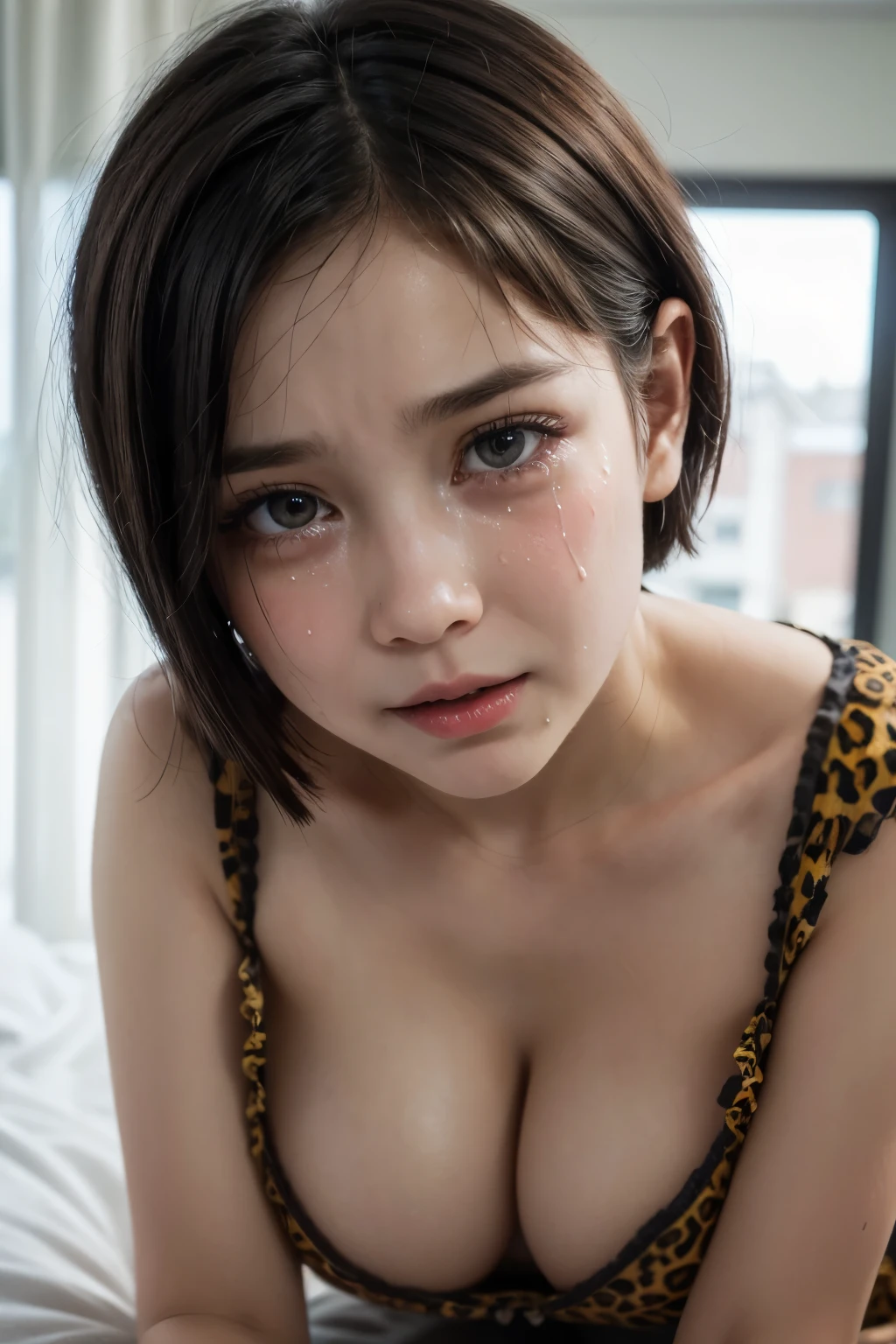 (CRYING FACE EXPRESSION:1.3), Chubby adorable, (V-neck ice silk nightdress), 1 girl, (face to face), , baby face, happy, half body portrait, (face details: 1), (eye details: 1), ((big breasts)). wearing transparent transparency soft soft, .. Cute posed. proportional body. Ultra High Res. realistic: 1.4, UHD, (leopard pattern), ((Very Short Haircut)), view from seductive pose