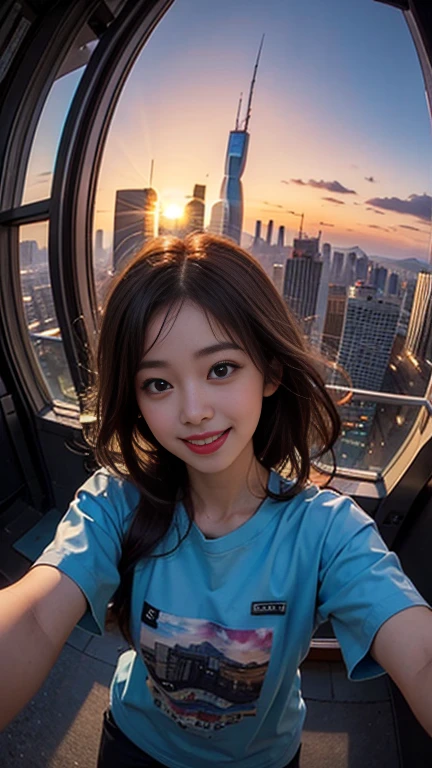 One girl, Korean, Fisheye Lens, Selfie, Wind, Messy Hair, sunset, Cityscape, (Aesthetics and atmosphere:1.2),smile