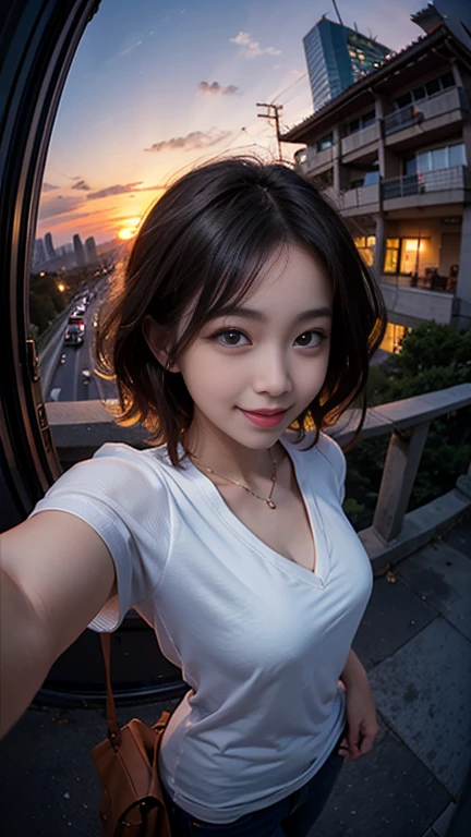 One girl, Korean, Fisheye Lens, Selfie, Wind, Messy Hair, sunset, Cityscape, (Aesthetics and atmosphere:1.2),smile