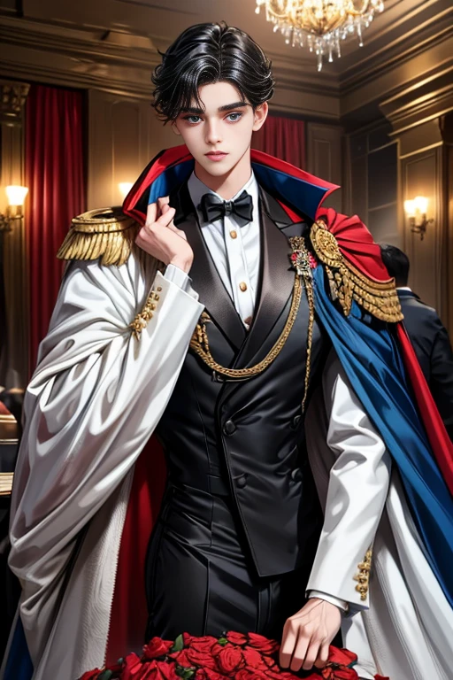 
masterpiece, 最high quality, high quality, 1 boy, alone, Male focus, Watching the audience,  Messy black hair, Adorable big blue eyes, White, Noble, Noble,A sexy, voluminous, puffy cape、tuxedo、A very voluminous, large, very large, very large, long, long red and black cape with a high stand-up collar, made of a lot of fabric that reaches down to the floor., 17 years old,Cute beautiful boys,Cute, cute, kind, handsome guy