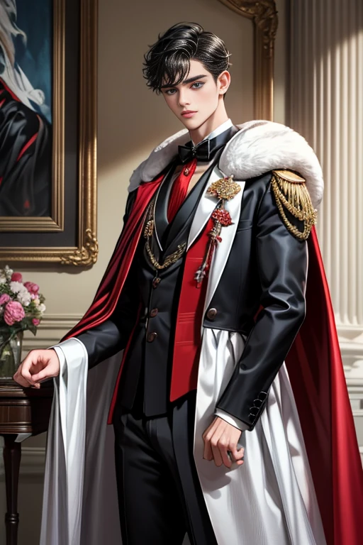 masterpiece, 最high quality, high quality, 1 boy, alone, Male focus, Watching the audience, Messy black hair, Adorable big blue eyes, White, Noble, Noble,A sexy, voluminous, puffy cape、tuxedo、A very voluminous, large, very large, very large, long, long red and black cape with a high stand-up collar, made of a lot of fabric that reaches down to the floor., ,Cute beautiful boys,Cute, cute, kind, handsome guy