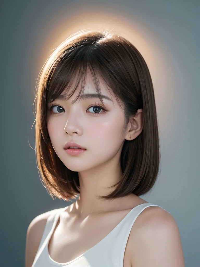 Surrounded by soft lighting、Attractive portrait of a young woman with short dark brown straight hair。She has delicate, fair skin and a hint of red on her cheeks.。Her big expressive eyes look natural.、Highlighted with minimal makeup。Lips are naturally pink、slightly open。She is wearing a simple white sleeveless top.、Emphasizing the quiet and mysterious atmosphere。The background is a sky gradient、The pale blue has turned into a warmer tone.、Reminiscent of a sunrise or sunset。The overall mood is calm and introspective.、Lighting emphasizes her features、Creates a halo effect around the hair。