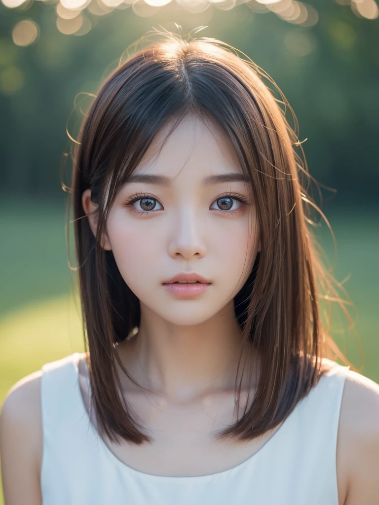 Surrounded by soft lighting、Attractive portrait of a young woman with short dark brown straight hair。She has delicate, fair skin and a hint of red on her cheeks.。Her big expressive eyes look natural.、Highlighted with minimal makeup。Lips are naturally pink、slightly open。She is wearing a simple white sleeveless top.、Emphasizing the quiet and mysterious atmosphere。The background is a sky gradient、The pale blue has turned into a warmer tone.、Reminiscent of a sunrise or sunset。The overall mood is calm and introspective.、Lighting emphasizes her features、Creates a halo effect around the hair。
