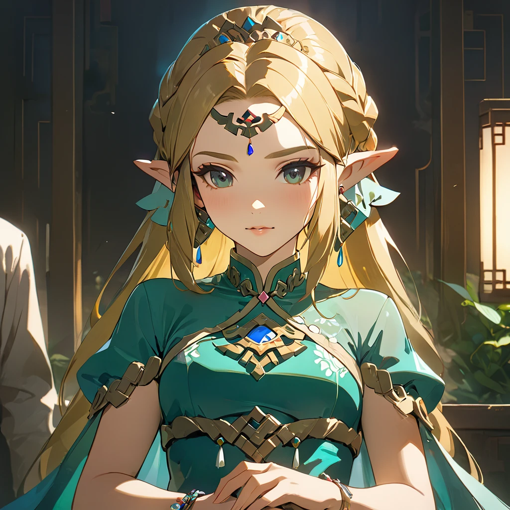 ((Highest quality)), ((masterpiece)), (detailed), (Perfect Face)、The woman is Princess Zelda, blonde, wearing an engagement ring and a gorgeous Chinese dress.