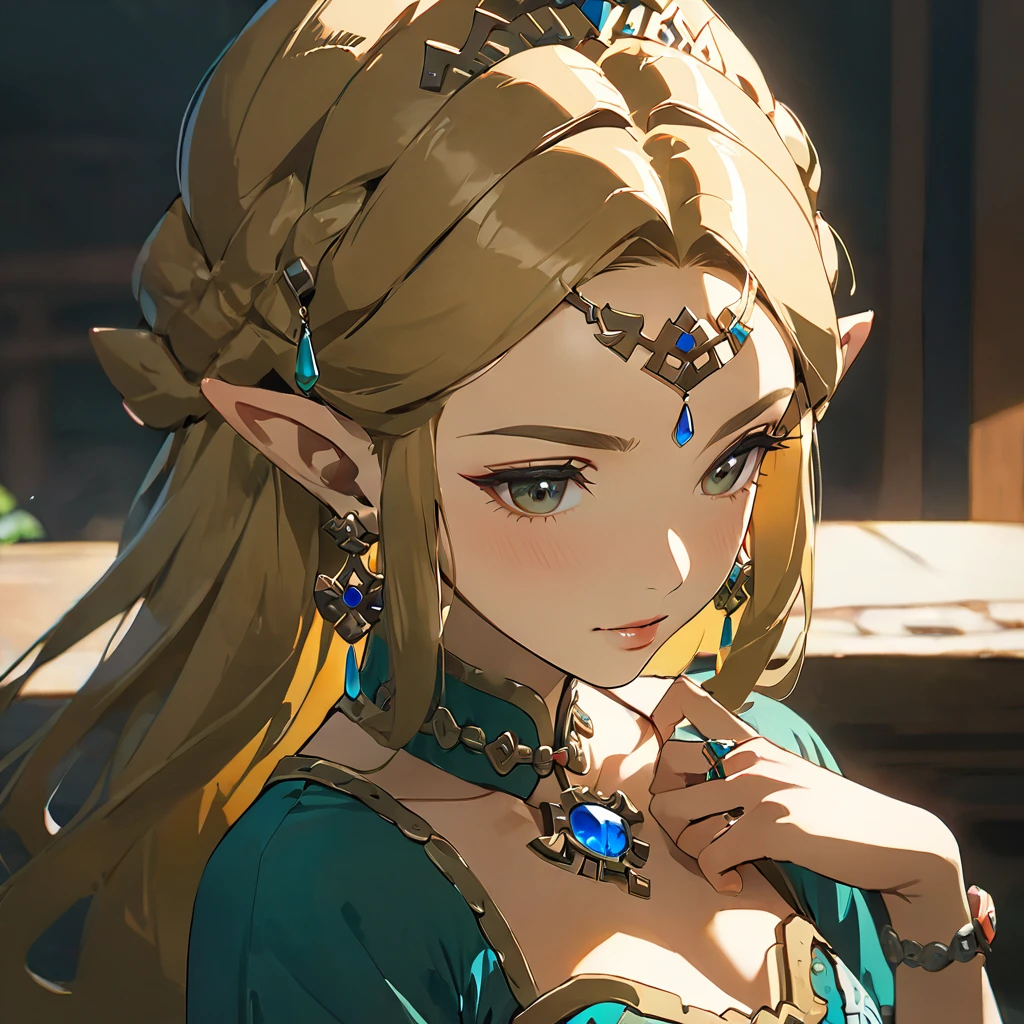 ((Highest quality)), ((masterpiece)), (detailed), （Perfect Face）、The woman is Princess Zelda, blonde, wearing an engagement ring and a gorgeous Chinese dress.