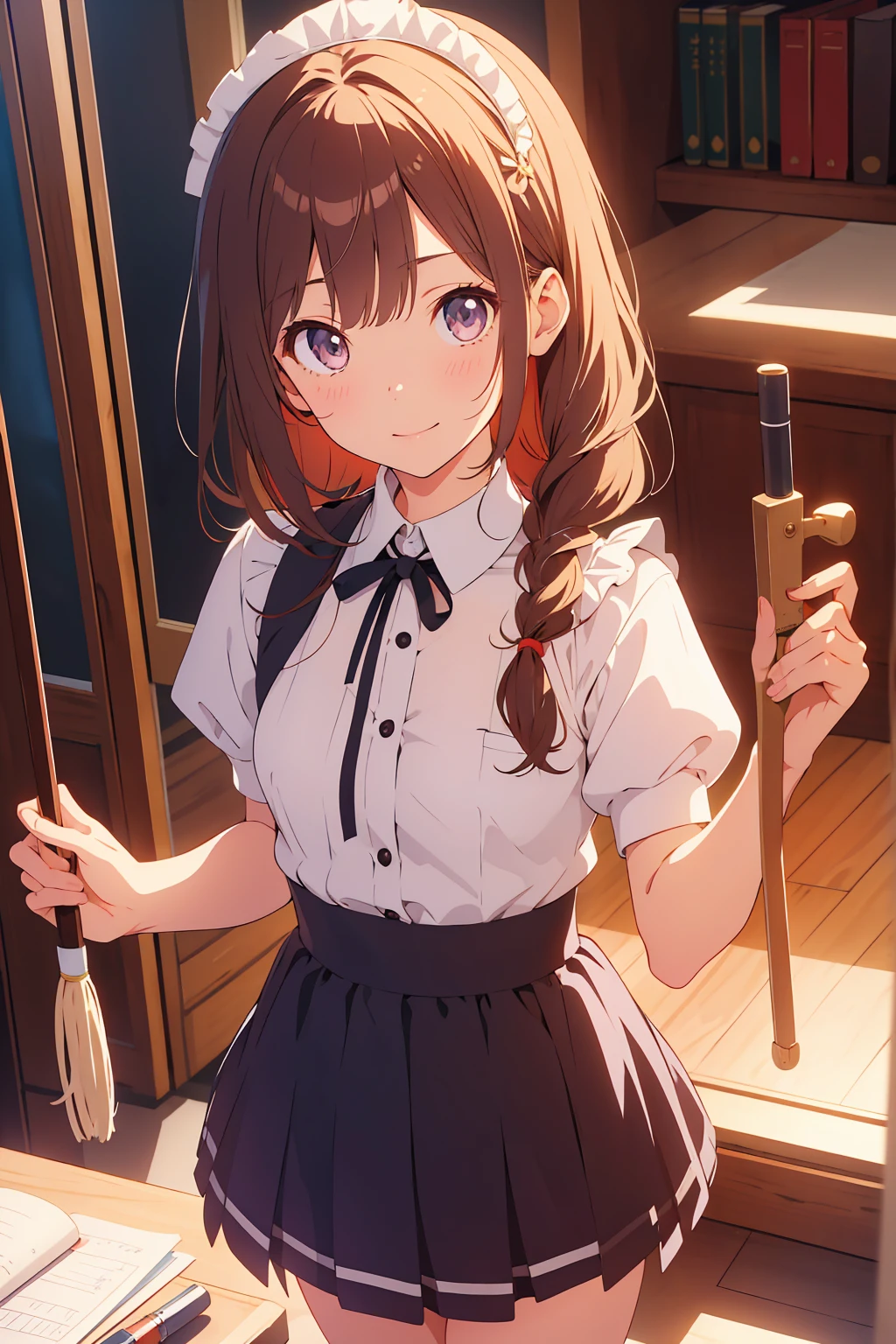 (Highest quality,Tabletop:1.2),(Anime Style,Comic Core:1.1),One Girl,Cute Style,Adorable,Highly detailed eyes,Highly detailed face,Very fine hair,About Hipdar,8k,solve,Maid,Maid服,Are standing,With a mop,