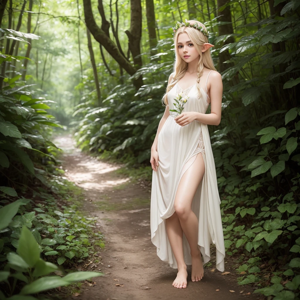 Young beautiful elf, blonde hair slicked back elegantly, light brown eyes, wearing a proper white dress with flower crown, lost in the forest, barefooted