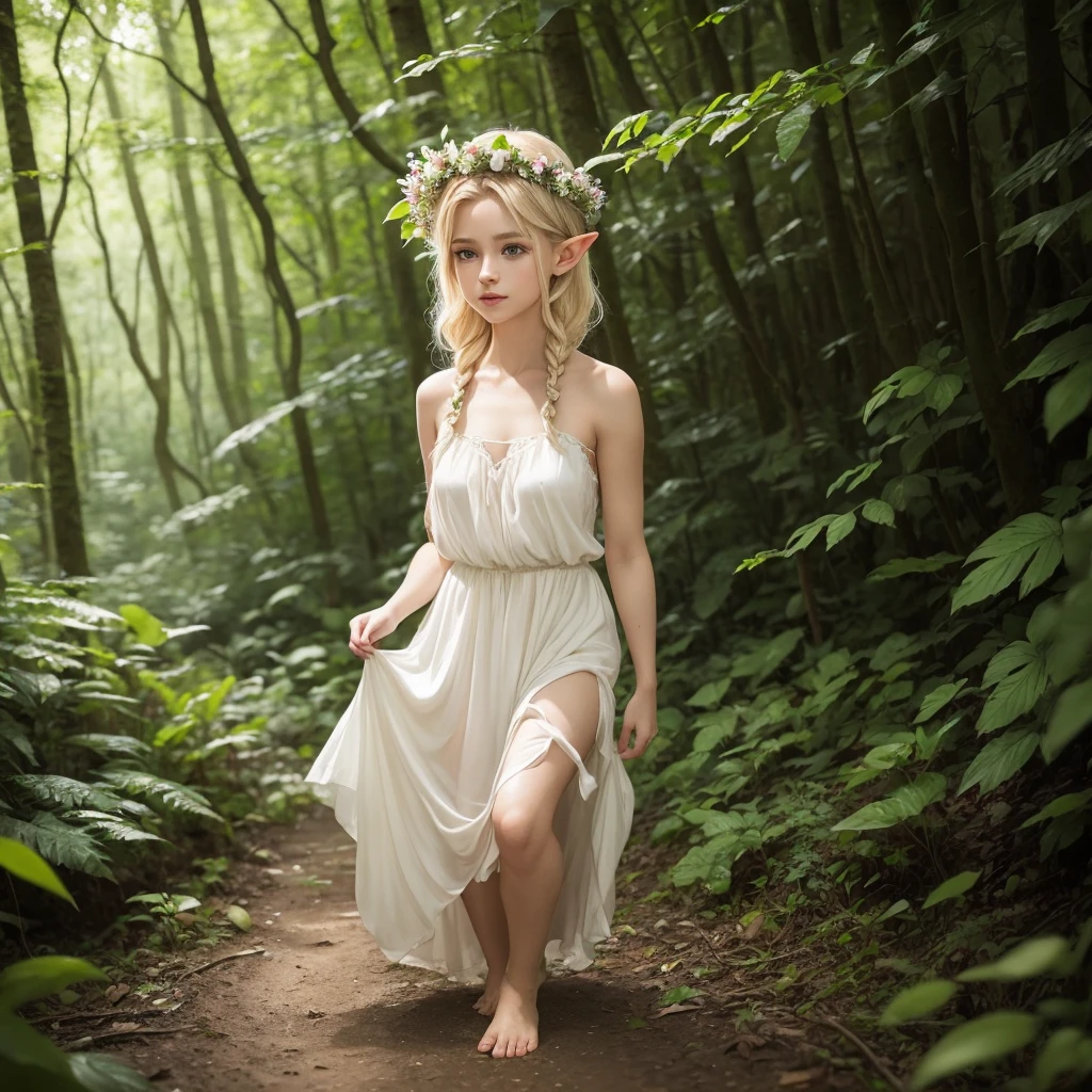 Young beautiful elf, blonde hair slicked back elegantly, light brown eyes, wearing a proper white dress with flower crown, lost in the forest, barefooted
