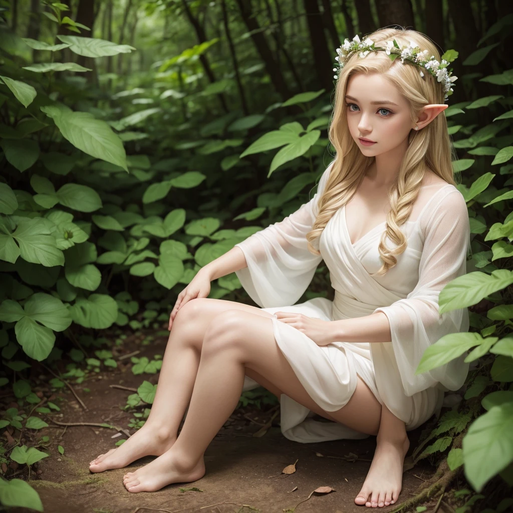 Young beautiful elf, blonde hair slicked back elegantly, light brown eyes, wearing a proper white dress with flower crown, lost in the forest, barefooted