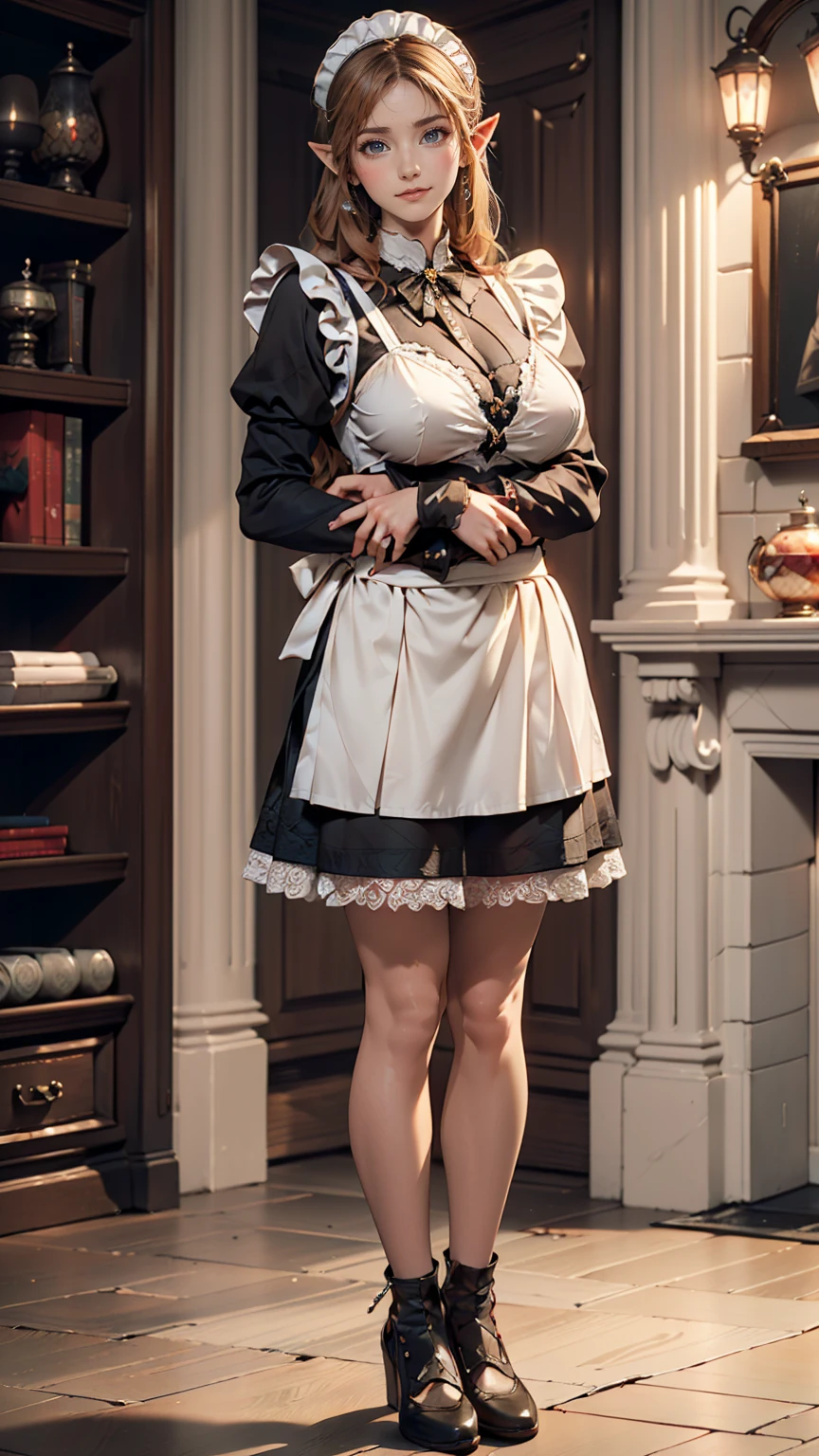 (Full body image:1.5), (Princess Zelda, Are standing, alone:1.2) ,(Large Breasts:1.5), (She is wearing a black maid outfit、wearing a very short white skirt。/Her body-hugging clothes:1.3), (She's in front of the bed in the hotel room:1.3), she has (blue eyes, Dark green mohawk:1.2), (She's smiling, Looking at the audience. Exhibitionist pose:1.2), Anime Style, 16K, Highest quality, Attention to detail, Textured skin, Ultra-high resolution, masterpiece, Anatomically correct