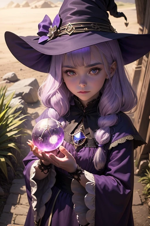 Witch holding a round crystal,Looking at the camera,front,fortune teller,To be a witch is to be a healer, teacher, seeker, donor, And the protector of all things. If this is your path, Walk with honor, Light and sincerity, All love and light, Diffuse lighting,Light purple hair,Beautiful girl like a doll