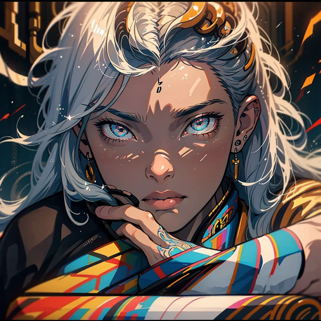 mullet, pointy hair, crossed bangs, bangs, grey hair, colored inner hair, headphones, mismatched pupils, longeyelashes, amber eyes, bored, sulking, Surrealism, conceptual art, アニメ, アニメ style, ray tracing, glowing light, cowboy shot, lens flare, 8k, super detail, uhd, masterpiece, accurate, anatomically correct, textured skin, super detail, high details, high quality, award winning, best quality, highres、Handsome、male、Cool personality、nihilism、Colorful background、Splattering ink、Unreasonable Eyes、Short Wolf、Close-up