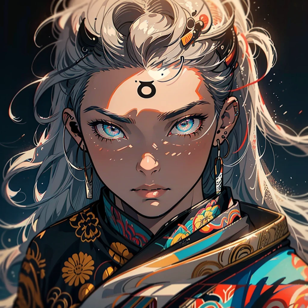 mullet, pointy hair, crossed bangs, bangs, grey hair, colored inner hair, headphones, mismatched pupils, longeyelashes, amber eyes, bored, sulking, Surrealism, conceptual art, アニメ, アニメ style, ray tracing, glowing light, cowboy shot, lens flare, 8k, super detail, uhd, masterpiece, accurate, anatomically correct, textured skin, super detail, high details, high quality, award winning, best quality, highres、Handsome、male、Cool personality、nihilism、Colorful background、Splattering ink、Unreasonable Eyes、Short Wolf、Close-up