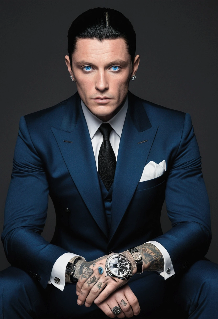 This British mobster is a remarkable and enigmatic figure. His black hair is carefully combed back, highlighting his extraordinarily clear blue eyes, which seem to capture the attention of everyone around him. His pale skin gives him a mysterious appearance, while his hand tattoos whisper secrets of his involvement in the underworld. He wears a tailored black suit, accentuating his slim, elegant figure. His wrist displays a Rolex, and on his finger a ring.