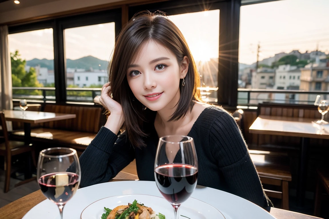 ((Highest quality、8k、masterpiece:1.3))、slimカップル、modelカップル、(Realistic, Intricate details:1.2), full-course dinner、Wine Party、Amazing view of the sunset sky and clouds、A bright smile、The wonderfulness of smile、Bright image、The beauty of wine, Beautiful Face, blue eyes, The light shines on your face, blush, short hair,Bright Face、 (Age 48), 45 years old, red wine 、Appetizers、Italian food、Wine bottle、Champagne、sparkling wine、Two beauties、Brown Hair、Shortcuts、Long sleeve shirt、dress、Beautiful woman 1, (slimな顔), (The body is slim), (Brown Hair), (Shortcuts), cheeks turn a little red,Attractive beauty、restaurant, In a prominent place (From the waist up) Nova Frog Style, actress, model, Upper Body, White wine, slim, wine glass, 中央に置かれたwine glass, smile, (smile: 1.15), Beautiful fine grain, Depth f/2,saturation, High Contrast, Strong light and shadow,Moist Body:1.5、3D texture、Delicate eyes、Brown Hair、The hair is very shiny、