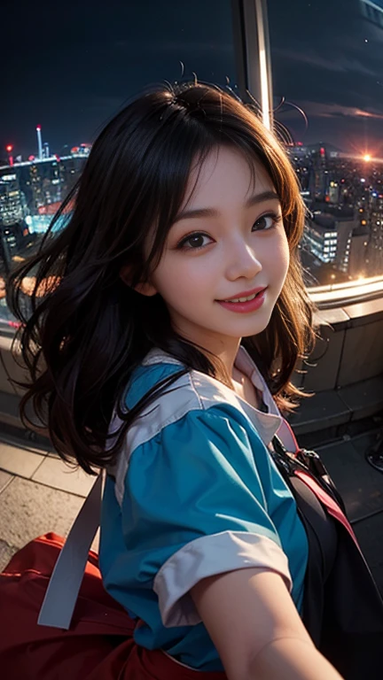 One girl, Korean, Fisheye Lens, Selfie, Wind, Messy Hair, sunset, Cityscape, (Aesthetics and atmosphere:1.2),smile