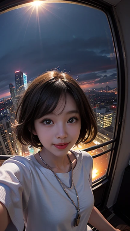 One girl, Korean, Fisheye Lens, Selfie, Wind, Messy Hair, sunset, Cityscape, (Aesthetics and atmosphere:1.2),smile