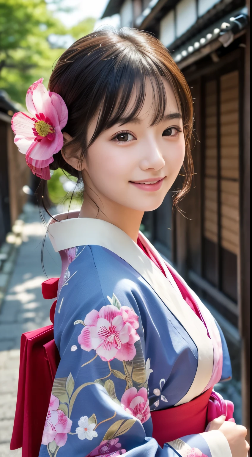 Professional Lighting,(Realistic:1.4), (Top image quality:1.0), (超High resolution:1.0), 8k, Raw photography, (masterpiece:0.2), (Dealing with the Children_v1:0.5)、(最高quality Detail:1.2)、Realistic、8kウルトラHD、High resolution、(1 girl:1.2)、超detailedな、High quality textures、複雑なdetailed、detailed、Very detailed CG、High quality shadows、detailed 美しく繊細な顔、Beautiful details and a delicate eye、(Symmetrical eyes:1.2),Written boundary depth、Ray Tracing,1 girl, Japanese Girls, (Natural smile:1.4),cute, thin, Portrait of a beautiful Japanese woman in a kimono, Standing elegantly on a street corner in Kyoto. Kimono with vibrant traditional patterns, Hair decorated with elegant and delicate hairpins, Gentle expression. (With the old streets of Kyoto in the background:1.4)、The soft light of a spring afternoon、Adding tranquility to the scene. Rendered in a Realistic style with great attention to detail, High resolutionの画像.Sky Porn, Magic Hour, (Realistic:1.3), finely, quality, (Tabletop:1.2), (Realistic:1.2), (最高quality), (複雑なdetailed), dramatic, Ray Tracing, photograph, +roller