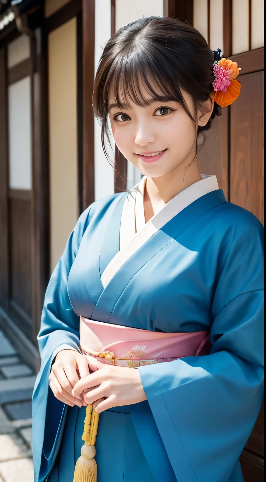 Professional Lighting,(Realistic:1.4), (Top image quality:1.0), (超High resolution:1.0), 8k, Raw photography, (masterpiece:0.2), (Dealing with the Children_v1:0.5)、(最高quality Detail:1.2)、Realistic、8kウルトラHD、High resolution、(1 girl:1.2)、超detailedな、High quality textures、複雑なdetailed、detailed、Very detailed CG、High quality shadows、detailed 美しく繊細な顔、Beautiful details and a delicate eye、(Symmetrical eyes:1.2),Written boundary depth、Ray Tracing,1 girl, Japanese Girls, (Natural smile:1.4),cute, thin, Portrait of a beautiful Japanese woman in a kimono, Standing elegantly on a street corner in Kyoto. Kimono with vibrant traditional patterns, Hair decorated with elegant and delicate hairpins, Gentle expression. (With the old streets of Kyoto in the background:1.4)、The soft light of a spring afternoon、Adding tranquility to the scene. Rendered in a Realistic style with great attention to detail, High resolutionの画像.Sky Porn, Magic Hour, (Realistic:1.3), finely, quality, (Tabletop:1.2), (Realistic:1.2), (最高quality), (複雑なdetailed), dramatic, Ray Tracing, photograph, +roller