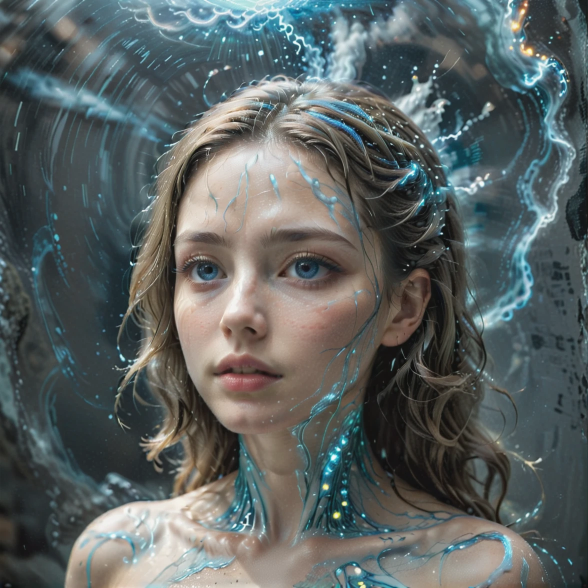 The creature looks like a beautiful mermaid crying, there are many different sea creatures around, they all glow like fireflies