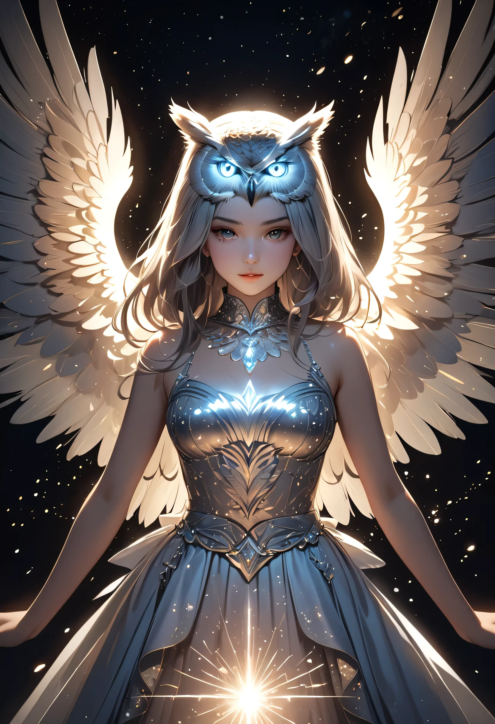 (masterpiece, best quality:1.1), (ultra highres, ultra-detailed:1.2),girl stands in the dark, surrounded by light particles and shimmering silver sparks that form an ethereal glowing owl silhouette above her head. The atmosphere is mysterious with soft lighting creating a magical ambiance. Digital illustration.