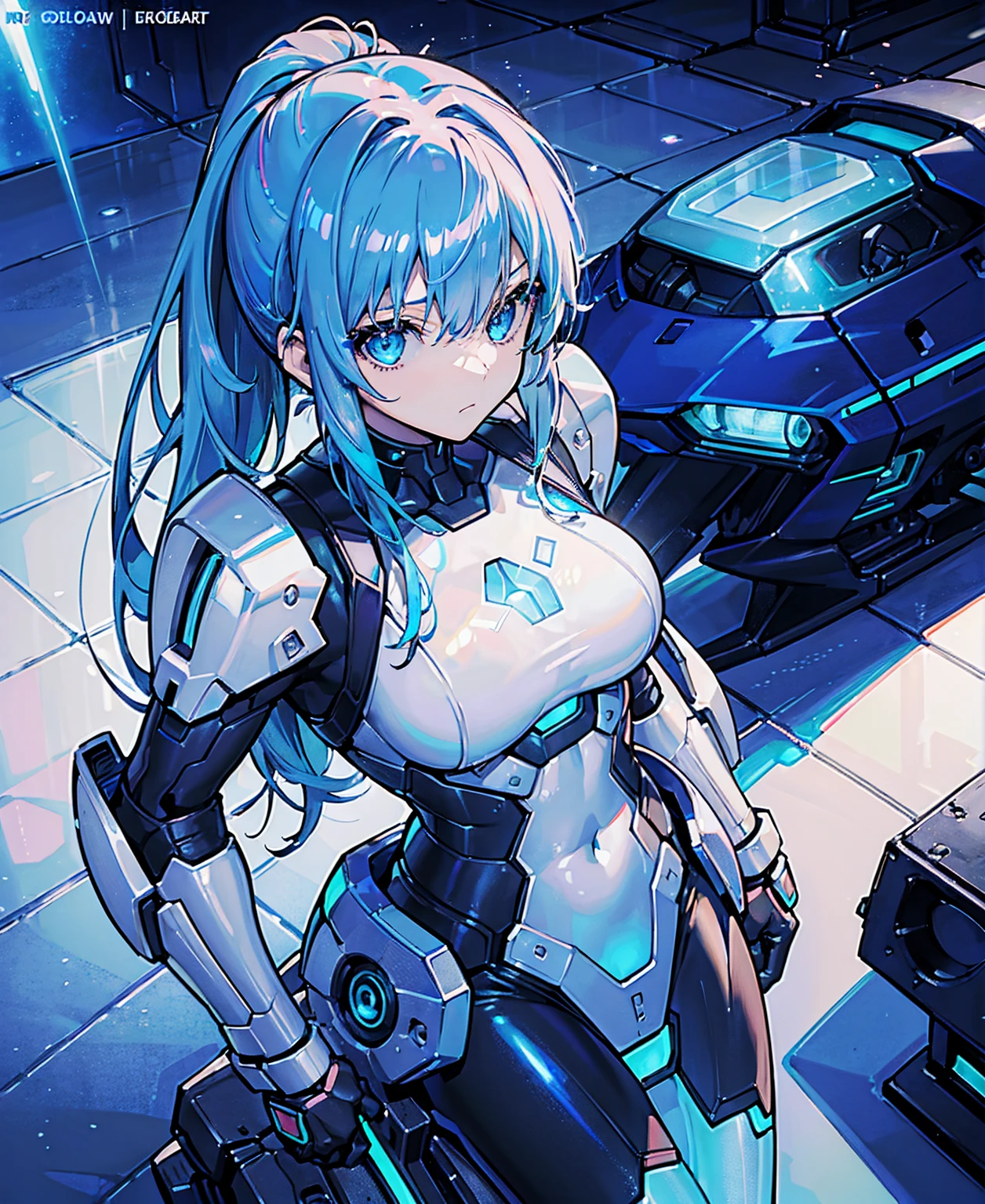 ((Holographic glow effect))、Blue Hair、Masterpiece、Best Quality、1 girl、Medium breast、((Album cover))、Light on Face、Slim Body、Blue Costume、Exoskeleton、metal Gear、Cyberpunk Style、ponytail、The Gundam pilot、attention arousal,Ride a fighter