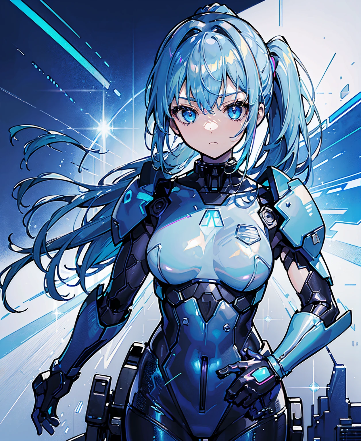 ((Holographic glow effect))、Blue Hair、Masterpiece、Best Quality、1 girl、Medium breast、((Album cover))、Light on Face、Slim Body、Blue Costume、Exoskeleton、metal Gear、Cyberpunk Style、ponytail、The Gundam pilot、attention arousal，Ride a fighter