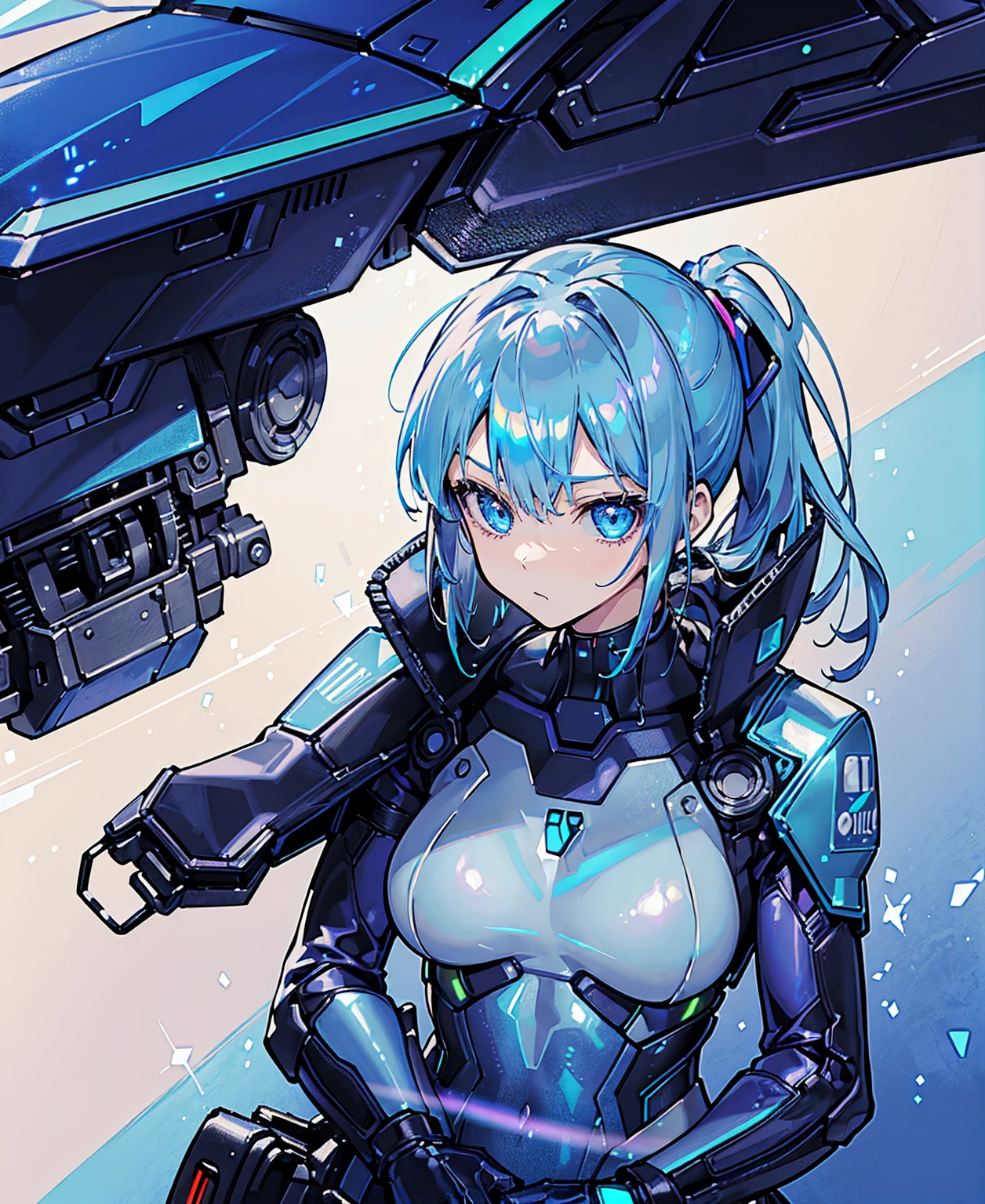 ((Holographic glow effect))、Blue Hair、Masterpiece、Best Quality、1 girl、Medium breast、((Album cover))、Light on Face、Slim Body、Blue Costume、Exoskeleton、metal Gear、Cyberpunk Style、ponytail、The Gundam pilot、attention arousal,Ride a fighter