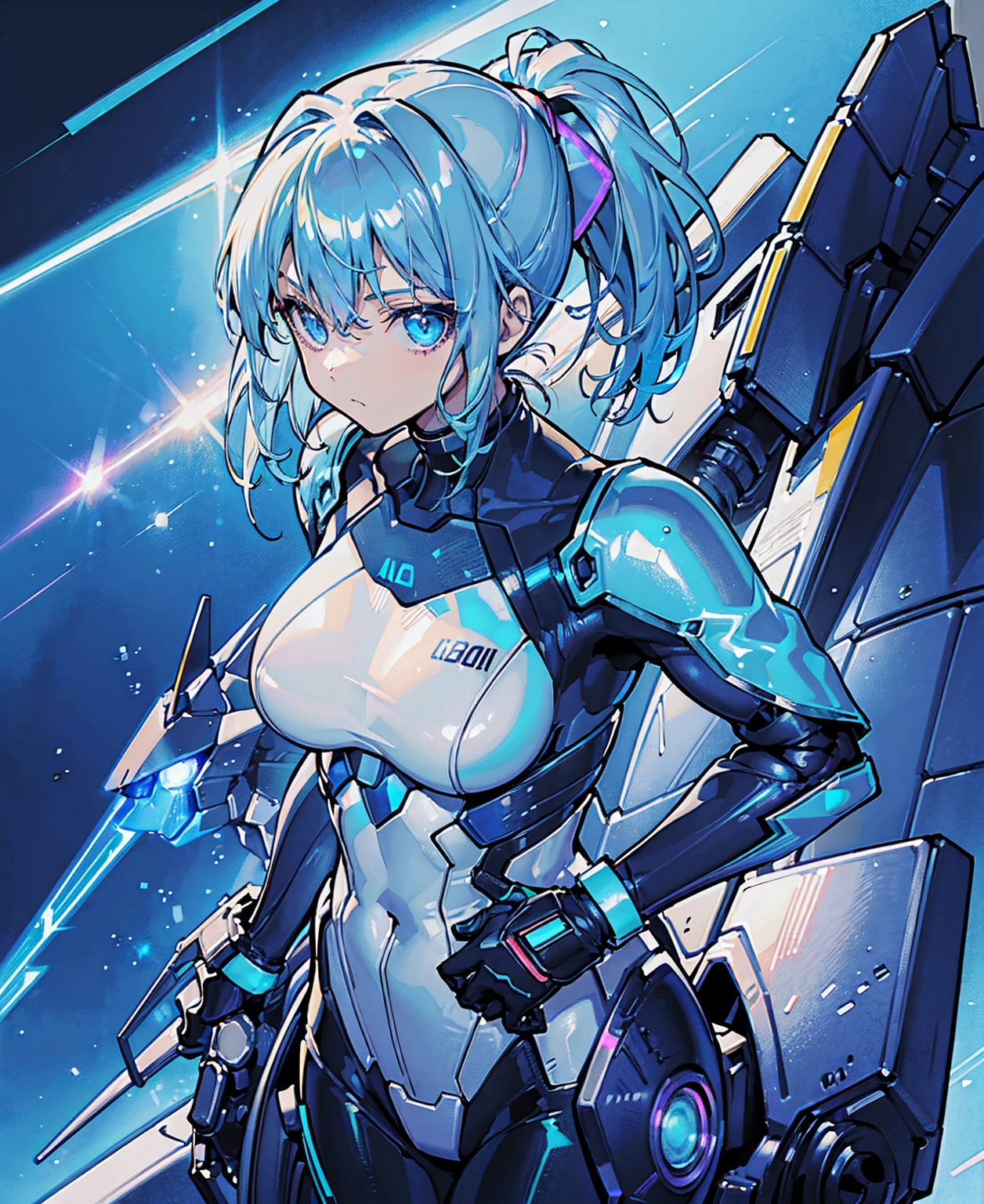 ((Holographic glow effect))、Blue Hair、Masterpiece、Best Quality、1 girl、Medium breast、((Album cover))、Light on Face、Slim Body、Blue Costume、Exoskeleton、metal Gear、Cyberpunk Style、ponytail、The Gundam pilot、attention arousal,Ride a fighter