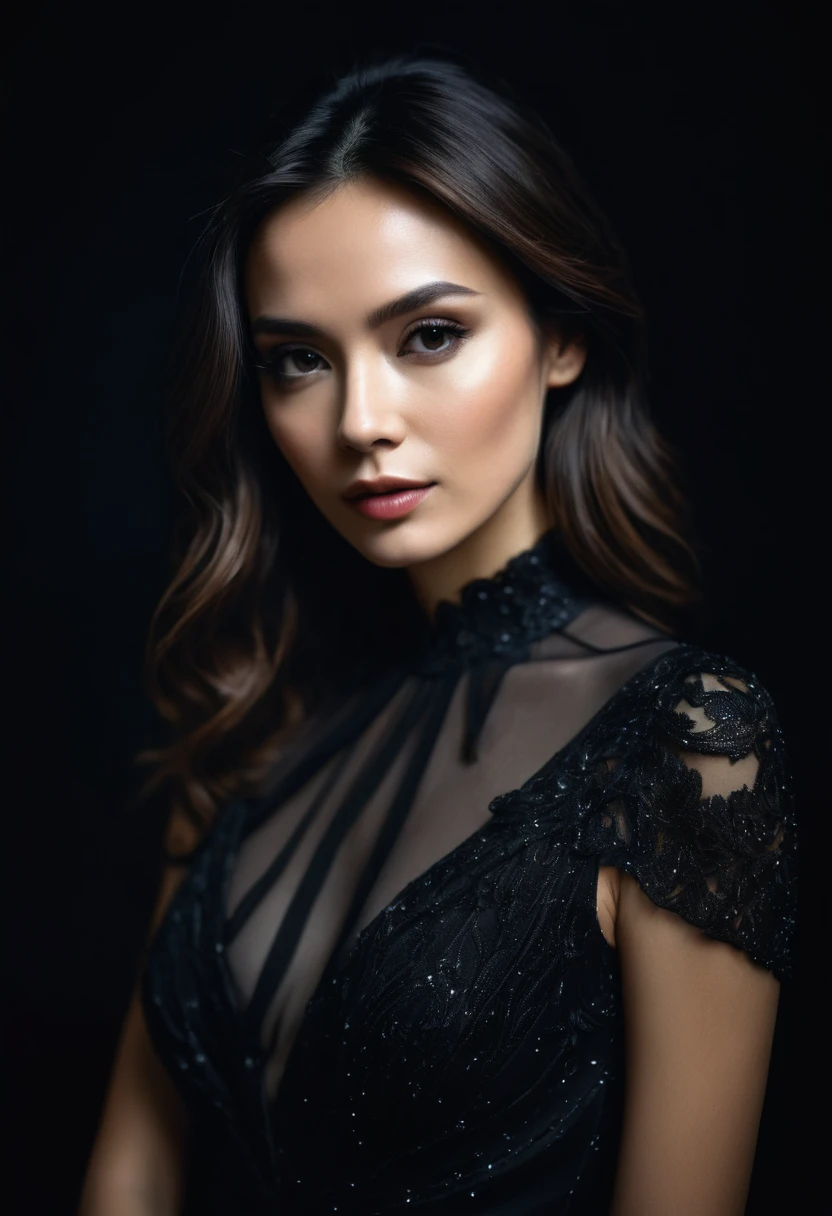 dark shot, film grain, A close up of a woman in a beautiful black dress and a black background, ultra clear, high quality