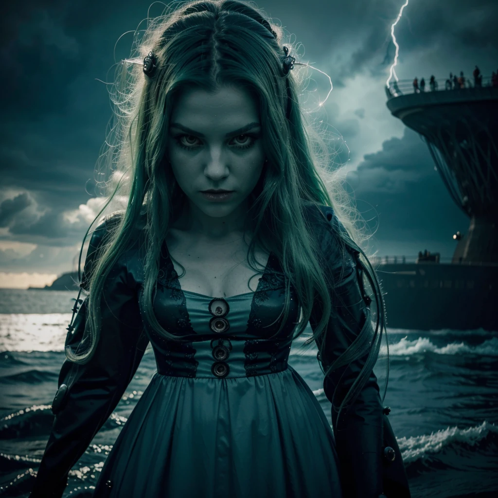 a photo of a sea witch, long green hair, devil, villain, she comes towards you, close up, dark ocean,( Submarine:1.1), lightning, bright Eyes, wearing a dress made of seaweed, tentacles, octopus, (close up:1.3)
