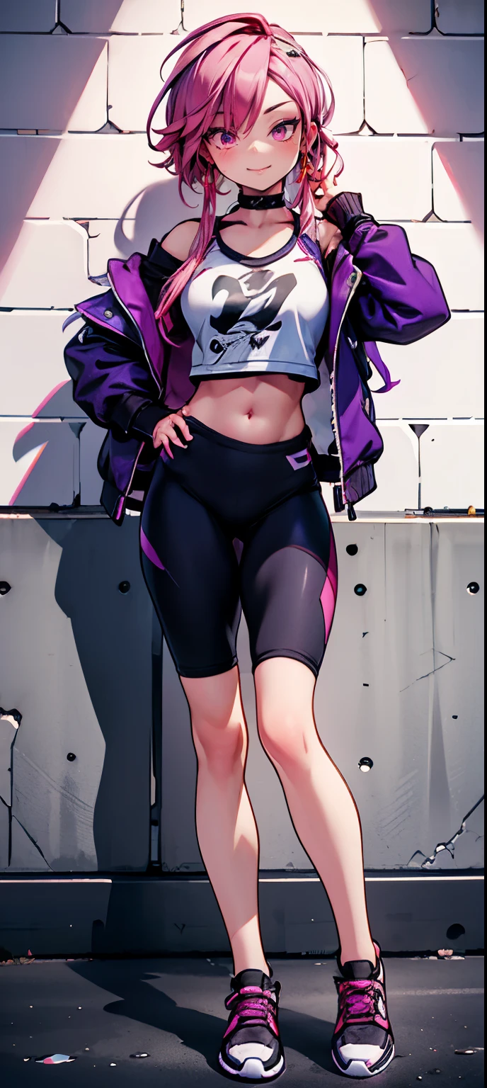 (masterpiece, best quality, 1girl, solo, intricate details, chromatic aberration), realistic, ((medium breath)),long hair, pink hair, red head ornament, pink highlights, hair over one eye,purple eyes, earrings, sharp eyes, choker, neon shirt, open jacket, crop top, (symmetry eyes),(perfect symmetrical body),against wall, brick wall, graffiti, dim lighting, alley ,look at viewer, woman at a gym, cute, front Pose, fitness girl, standing, erect Pose, symetrical, fitness model, skinny, Red sneakers, best qualityer, relaxed arms, hands down, ankle, fullbody view, stand straight with your back upright. Keep your shoulders back and maintain a straight line from your head to your feet. Full body overview, feets close, symmetrical front, head straight to the viewer