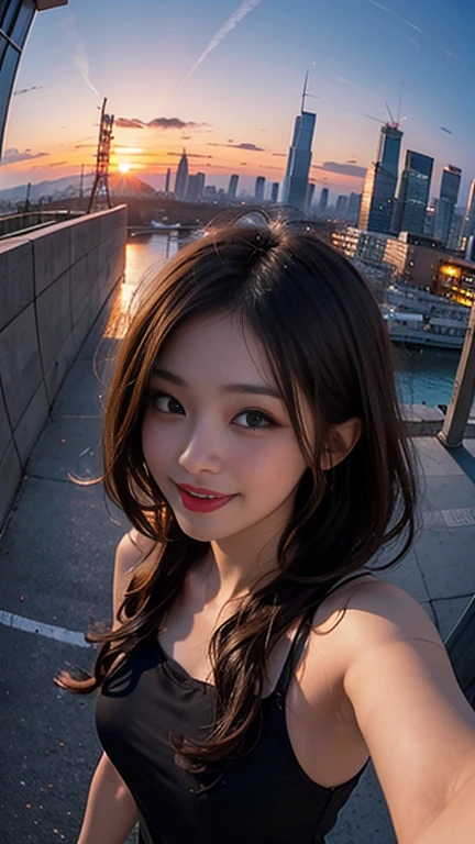 One girl, Korean, Fisheye Lens, Selfie, Wind, Messy Hair, sunset, Cityscape, (Aesthetics and atmosphere:1.2),smile