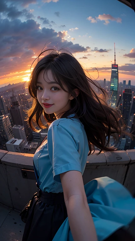 One girl, Korean, Fisheye Lens, Selfie, Wind, Messy Hair, sunset, Cityscape, (Aesthetics and atmosphere:1.2),smile