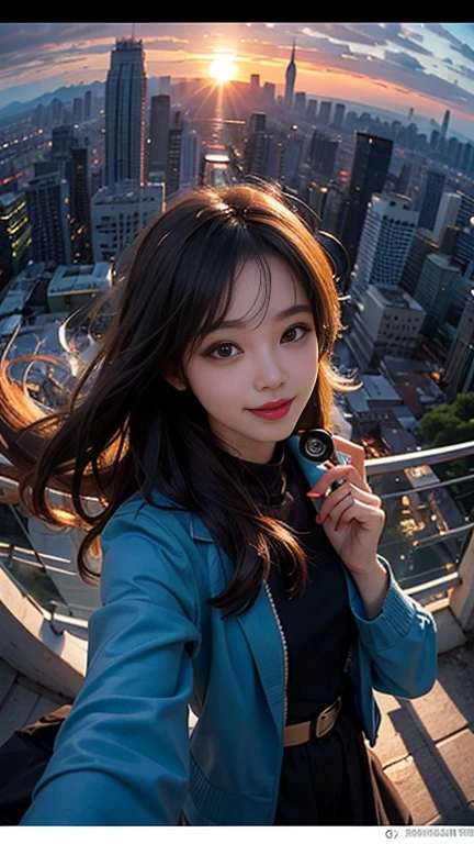 One girl, Korean, Fisheye Lens, Selfie, Wind, Messy Hair, sunset, Cityscape, (Aesthetics and atmosphere:1.2),smile