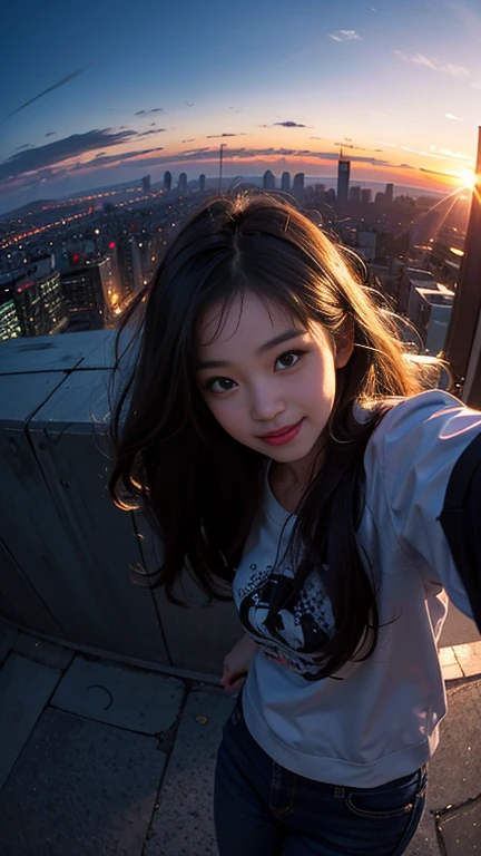 One girl, Korean, Fisheye Lens, Selfie, Wind, Messy Hair, sunset, Cityscape, (Aesthetics and atmosphere:1.2),smile