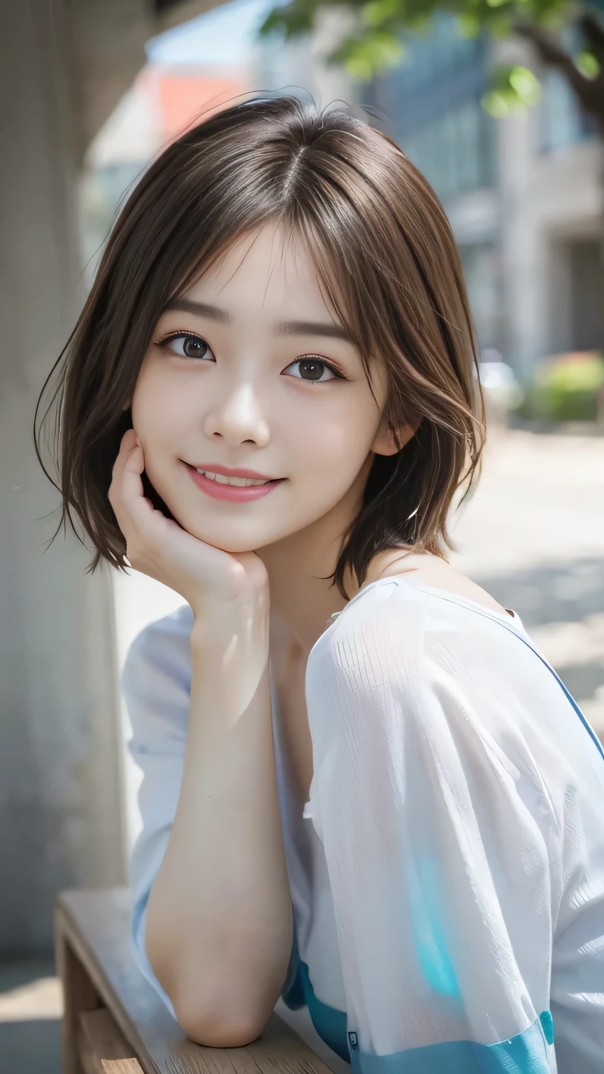 Look here and laugh、masterpiece, One Girl, 独奏, Glowing Eyes, Colorful summer clothes, , masterpiece, Highest quality, Realistic, Ultra-detailed, blue sky, , (Very delicate and beautiful work), ((Masseter muscle area)), (Highest quality), One Woman, 18-year-old, (Sexually excited face:1.4), ( Shoulder cut hair,(Fair skin:1.2), Bright lighting, Natural light, Realistic lighting, Nice lips、Delicate face、(Realistic、photograph_Realistic:1.4)、((Highest quality、masterpiece:1.3))、20-year-old、((Brown Hair))、((tracing))、((functional))、、A smile full of happiness、男性を魅了するtracing、A seductive smile、short hair、