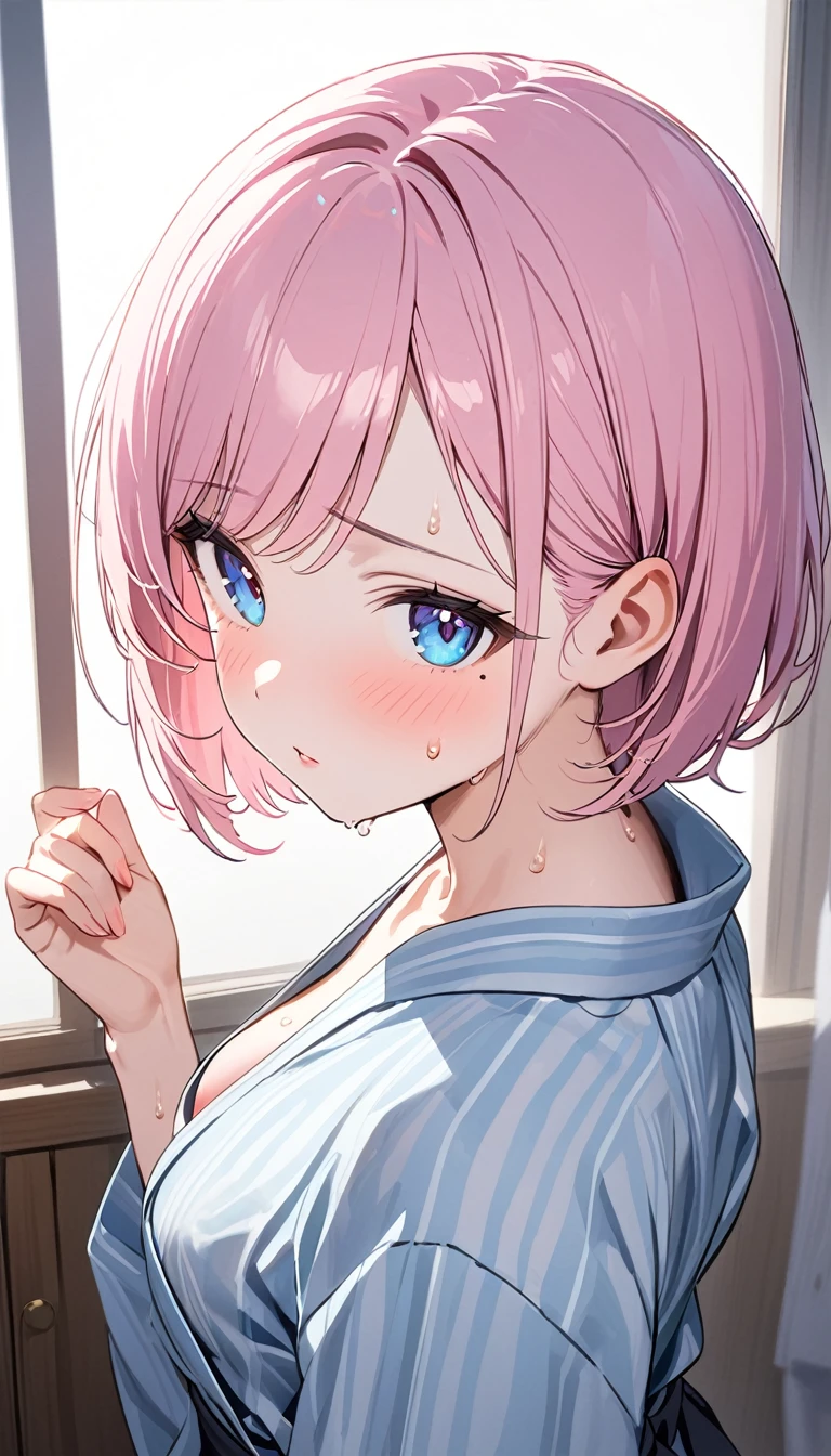 (1 girl),(Best Picture Quality, 8K, Masterpiece:1.3), (high  student:1.5), ((pink lob hair:1.1)), (bob cut),(swept bangs), (cute eyes, pupil black, iris skyblue, youthful face), (mole under right eye), (standard weight), (small breasts), (glistening skin:1.1),(pale skin:1.2),(hand on own nape),((yukata)),(portrait),((sweat:1.3)),(from above:1.2),(Nipple Slip).