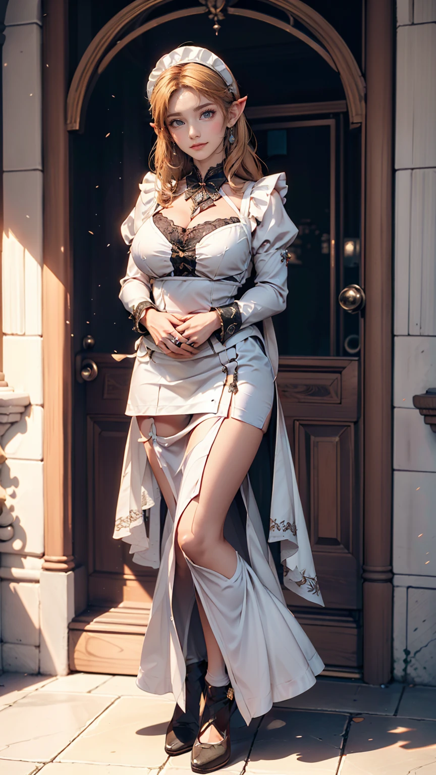 (Full body image:1.5), (Princess Zelda, Are standing, alone:1.2) ,(Large Breasts:1.5), (She is wearing a black maid outfit、wearing a very short white skirt。/Her body-hugging clothes:1.3), (She's in front of the bed in the hotel room:1.3), she has (blue eyes, Dark green mohawk:1.2), (She's smiling, Looking at the audience. Exhibitionist pose:1.2), Anime Style, 16K, Highest quality, Attention to detail, Textured skin, Ultra-high resolution, masterpiece, Anatomically correct