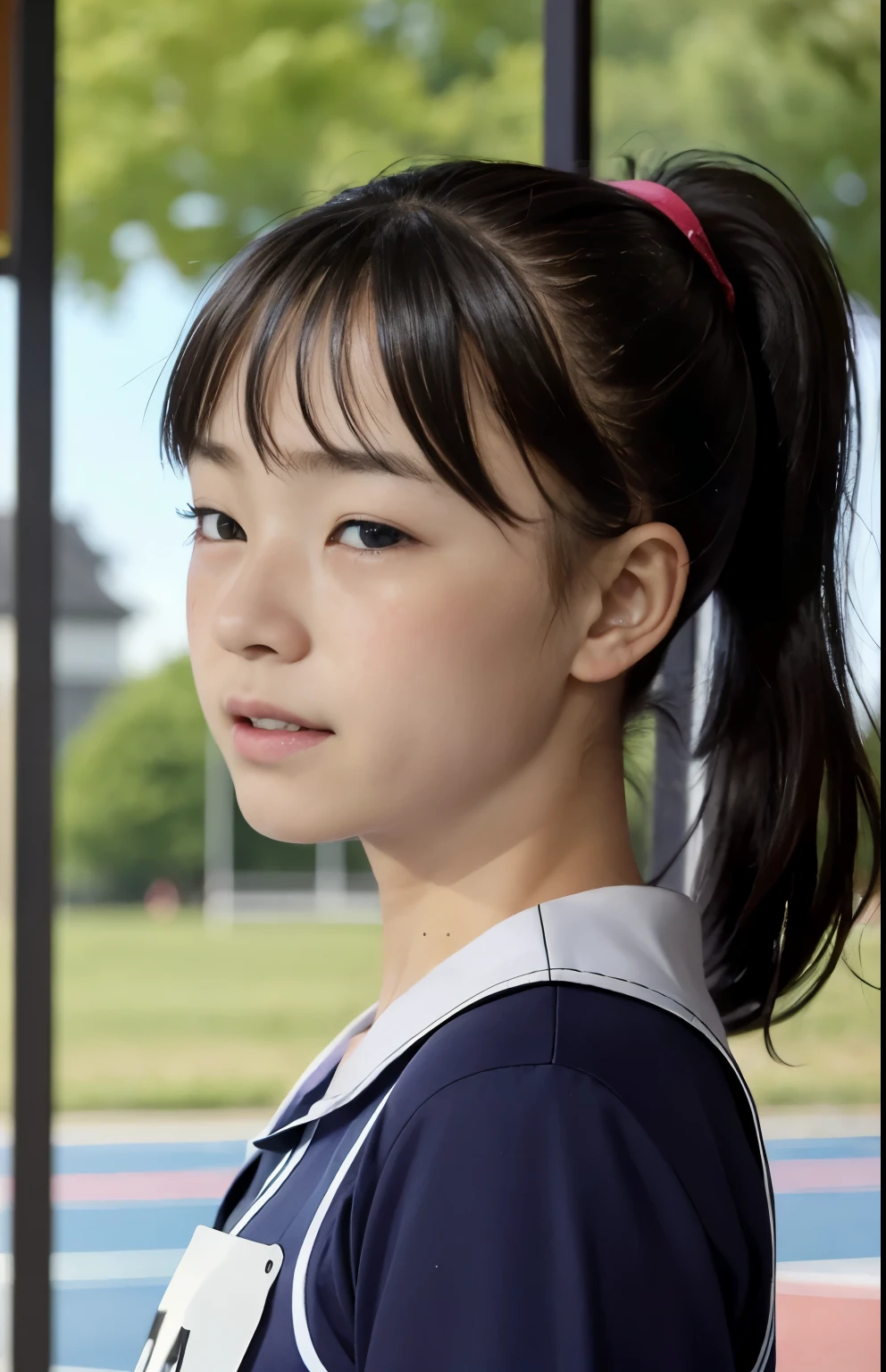 (Highest quality, masterpiece), (Beautiful 11 year old Japanese girl), (freckles:0.6), ponytail,  Track and field athlete,Grimacing、Frowning、Crying face、Sweaty、