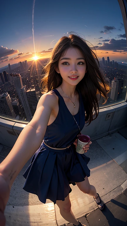 One girl, Korean, Fisheye Lens, Selfie, Wind, Messy Hair, sunset, Cityscape, (Aesthetics and atmosphere:1.2),smile